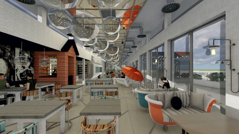 A computer generated image depicting the interior of the restaurant and bar at The Baths.