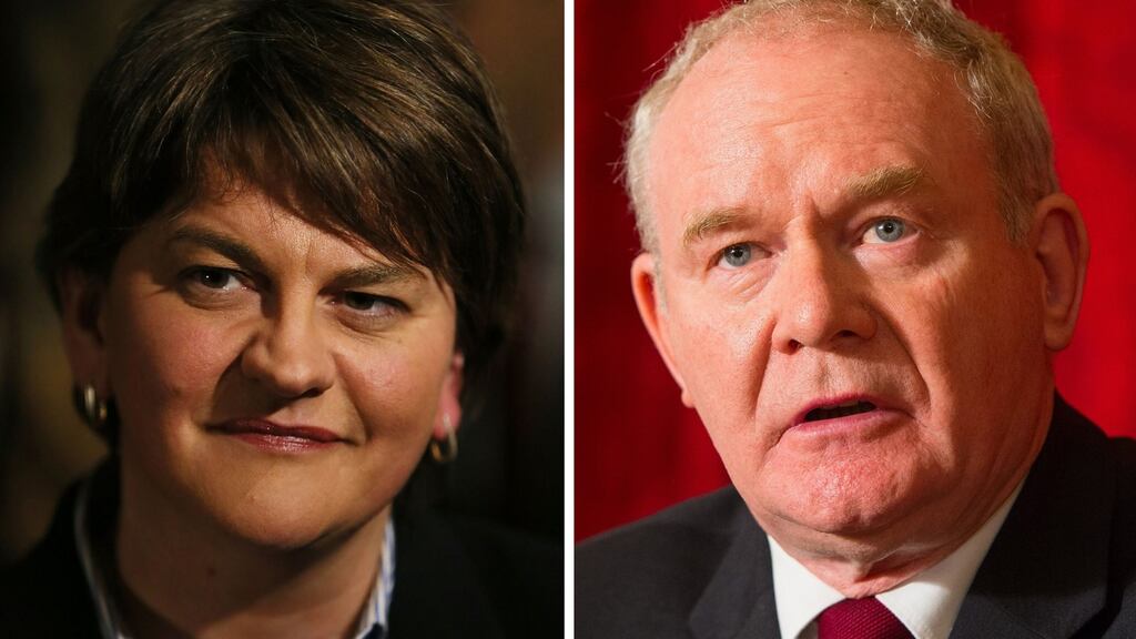Arlene Foster (left) encouraged DUP activists when canvassing to remind people “that their vote matters and their vote will determine if Martin McGuinness or myself wake up as First Minister on the sixth of May”. Photograph: PA Wire