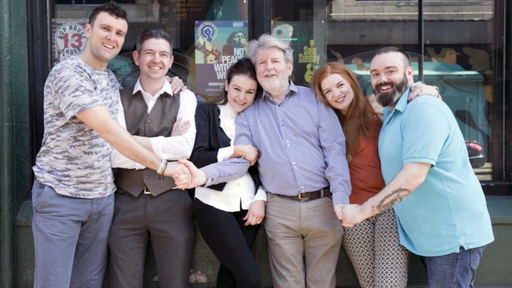 Playwright Martin Lynch, centre, and the cast of My English Tongue, My Irish Heart. The play  centres on a young, educated couple – Gary, a Mayo Catholic, and Susan, a Tyrone Protestant – who, after some time living together in Dublin, decide to emigrate to Manchester