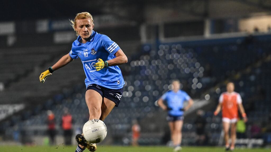 Carla Rowe of Dublin scores her side’s third goal, from a penalty, during the TG4 All-Ireland Senior Ladies Football Championship Semi-Final match against Armagh. Photograph: by Piaras Ó Mídheach/Sportsfile
