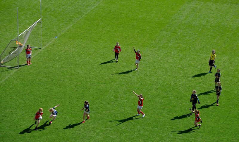 Girls from the St Bridget's club, Clonmore, Co Carlow and Bray Emmetts GAA club in Co Wicklow at the LGFA Go Games Activity Day 2023 at Croke Park in Dublin. Photograph: Ray McManus/Sportsfile
