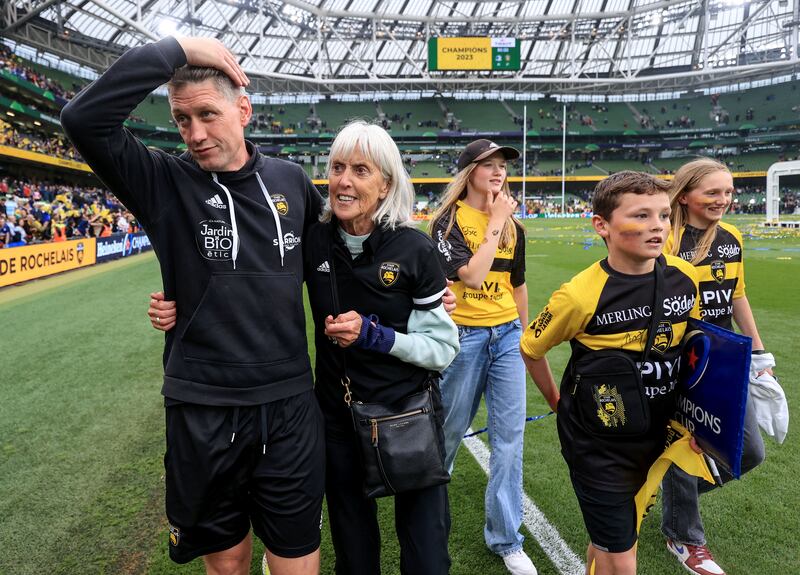Ronan O'Gara celebrates after the game with his mother Joan at the Aviva Stadium. Photograph: Dan Sheridan/Inpho