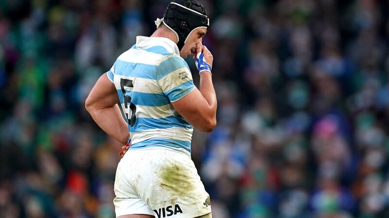 Argentina’s Tomas Lavanini leaves the pitch after being shown a red card during the Autumn International match at the Aviva Stadium in Dublin. File photograph: PA