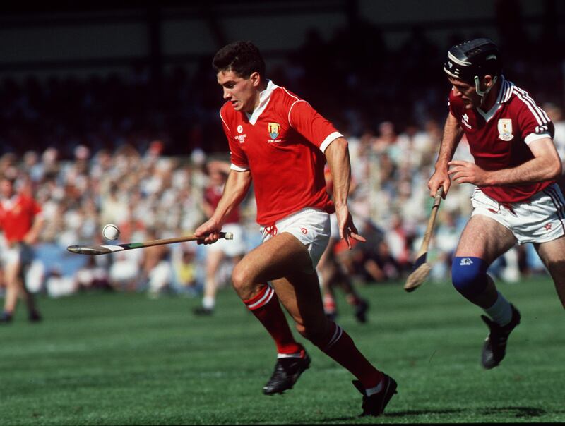 Cork's John Fitzgibbon on the march during the 1990 All-Ireland hurling final against Galway. Photograph: Billy Stickland