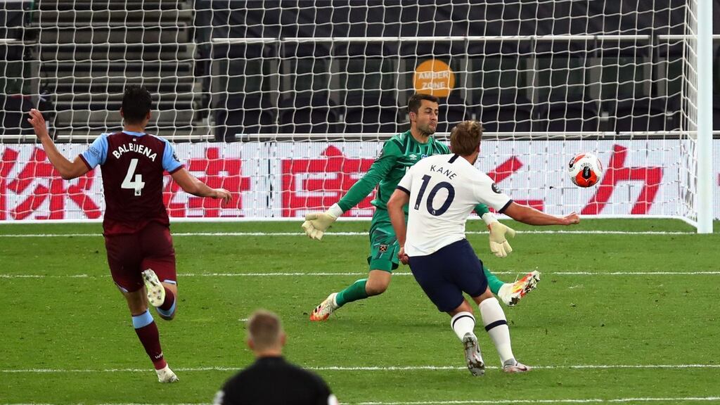 Tottenham Hotspur’s Harry Kane scores the second goal during the Premier League win over West Ham United. Photo: Julian Finney/POOL/AFP via Getty Images