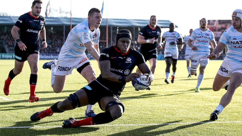 Maro Itoje dives to scores for Saracens against Racing 92. Photograph: Dan Sheridan/Inpho