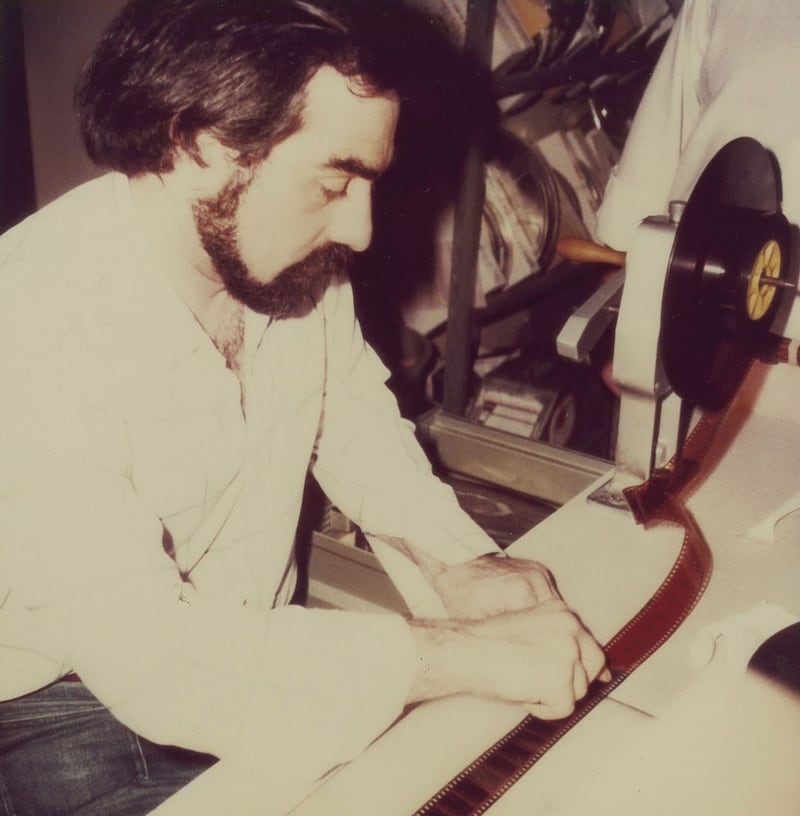 Archive photograph of Martin Scorsese editing film at Technicolor in Los Angeles