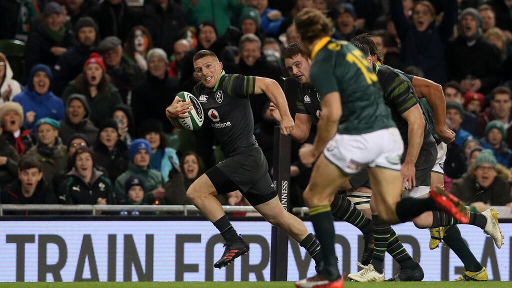 Andrew Conway breaks clear to score Ireland’s opening try against South Africa at the Aviva Stadium. Photograph: Brian Lawless/PA Wire