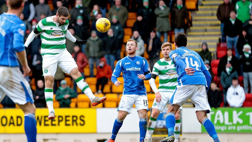Nadir Ciftci heads home Celtic’s third goal in their Scottish Premiership clash with St Johnstone at McDiarmid Park. Photograph: Graham Stuart/Action Images via Reuters/Livepic