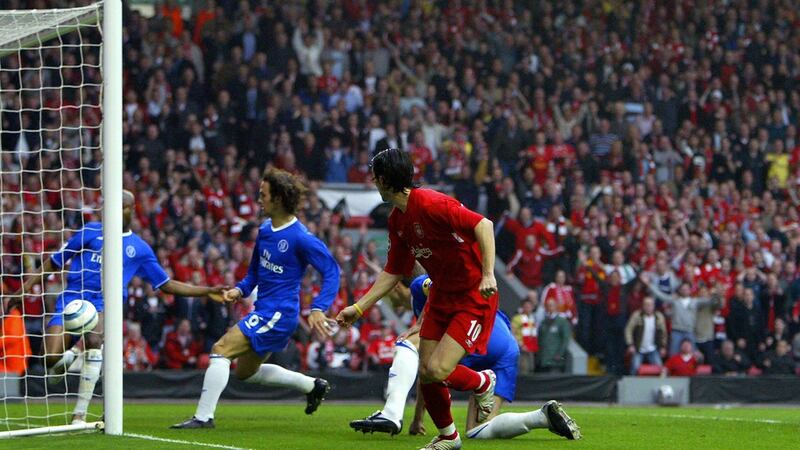 Liverpool’s Luis Garcia watches his shot head for goal as Chelsea’s William Gallas tries to clear the ball in the Champions League semi-final second leg football match at Anfield in May 2005. Photograph: Getty Images
