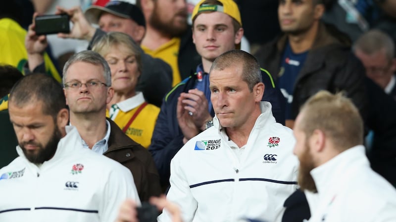 England head coach Stuart Lancaster looks dejected during the 2015 Rugby World Cup pool match against Australia at Twickenham Stadium. Photograph: David Rogers/Getty Images