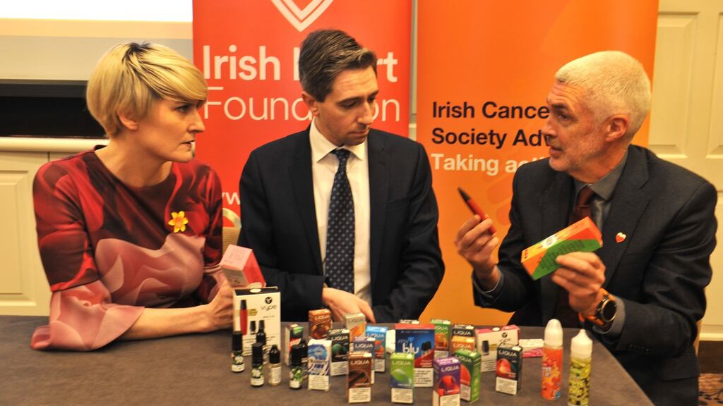 Irish Cancer Society chief executive Averil Power, Minister for Health Simon Harris and Irish Heart Foundation chief executive Tim Collins at the launch of the new research. Photograph: Dara Mac Dónaill