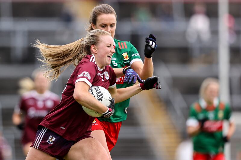 Galway's Ailbhe Davoren competes with Mayo's with Clodagh McManamon in last year's championship. Photograph: Ben Brady/Inpho