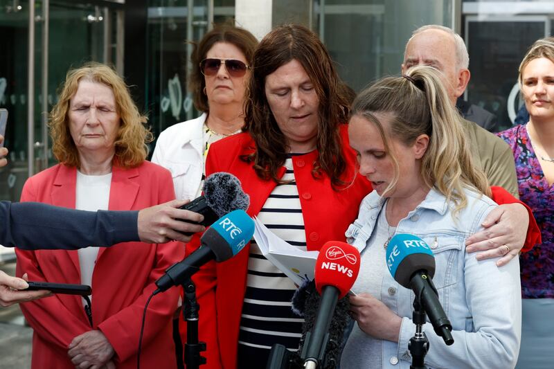 Family members respond following the verdict in which the jury has found Richard Satchwell guilty of murdering his wife Tina at their home in Youghal, Co Cork, in 2017. Pictured (L-R) Tina's mother Mary Collins, her half sister Lorraine Howard and her cousin Sarah Howard. Photograph: Nick Bradshaw / The Irish Times