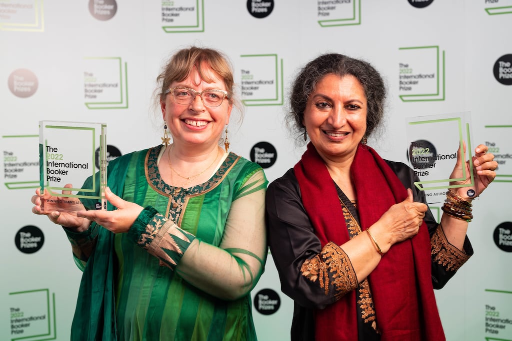 Daisy Rockwell (left), translator, and Geetanjali Shree, author of Tomb of Sand, the winning book at the 2022 International Booker Prize Ceremony. File photograph: PA