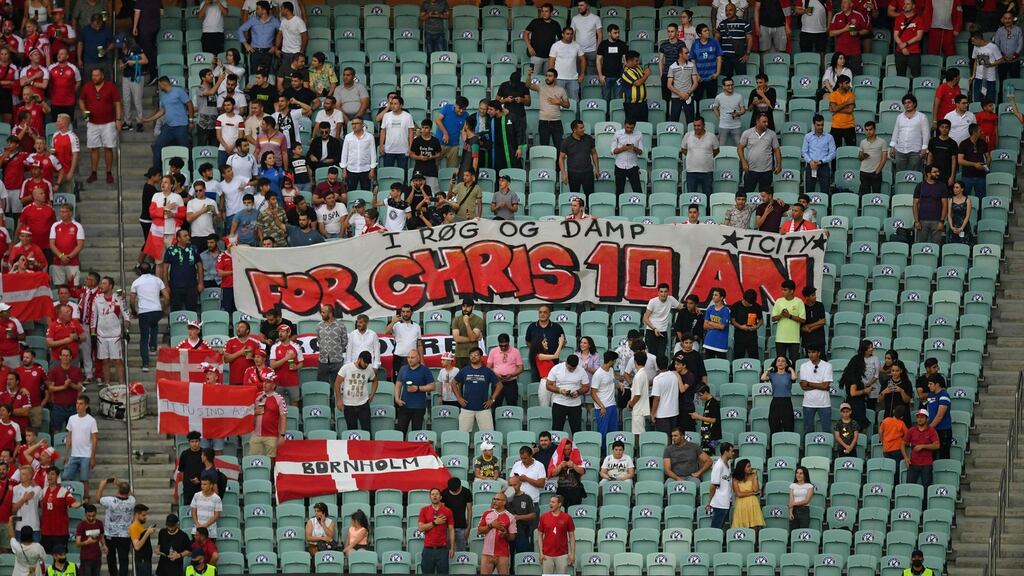 A tribute banner to Denmark’s midfielder Christian Eriksen is seen in the crowd during Denmark’s Euro 2020 quarter-final against Czech Republic. Photo: Dan Mullan/AFP via Getty Images