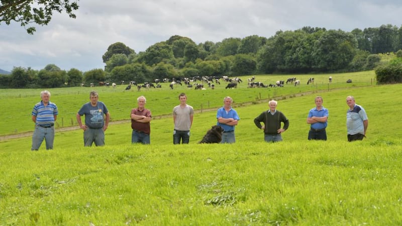Shannon pipeline: Dinny Carroll, Liam Minehan, Raymond Delaney, Michael Delaney, Mike Carroll, JP McDonald, John Maher and John Hogan – in a field along the proposed route – oppose the plan. Photograph: Alan Betson