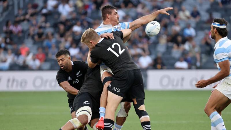 Pablo Matera offloads during Argentina’s win over the All Blacks. Photograph: David Gray/Getty/AFP