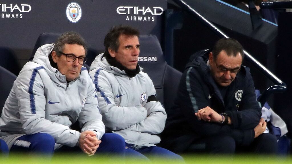 Chelsea assistant managers Luca Gotti, Gianfranco Zola with  manager Maurizio Sarri (right).  Photograph: Nick Potts/PA