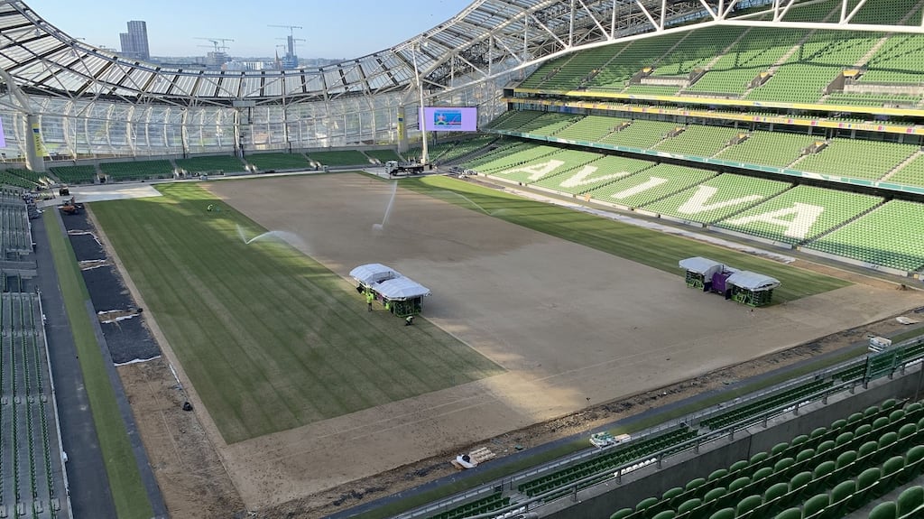 The new pitch being laid at the Aviva Stadium in Dublin