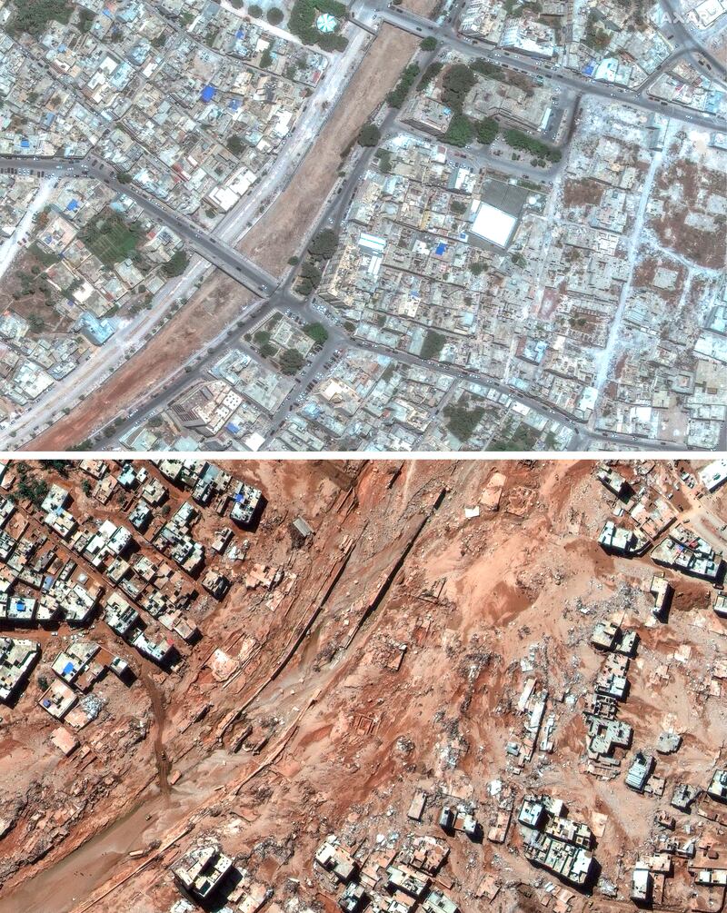 Before and after the Derna flood. Photograph: Pool/AP