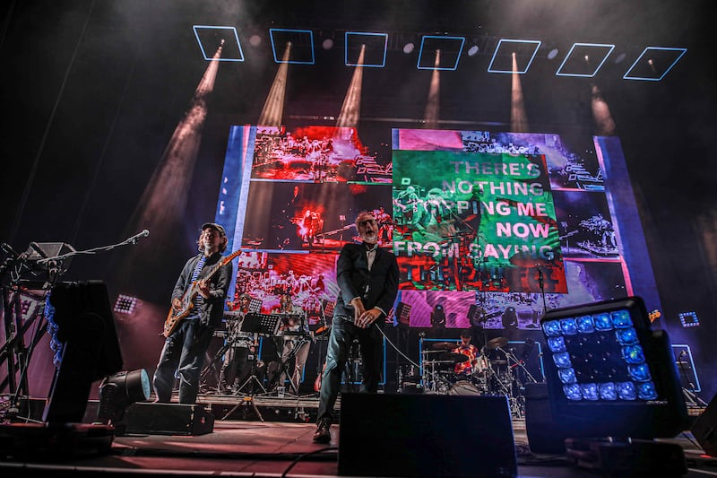 DUBLIN, IRELAND - SEPTEMBER 21: Aaron Dessner, Matt Berninger & Bryce Dessner of The National performs at The 3Arena Dublin on September 21, 2023 in Dublin, Ireland. (Photo by Debbie Hickey/Getty Images)