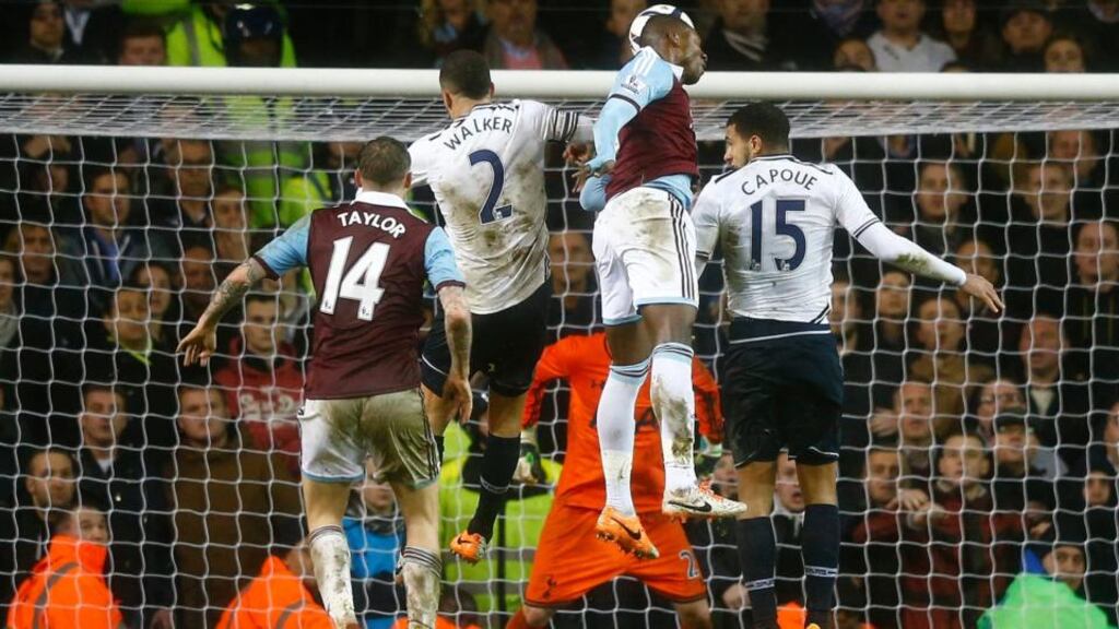 West Ham’s Modibo Maiga heads home the winner in last night’s game at White Hart Lane.