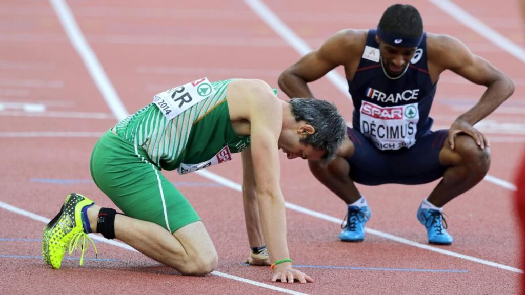 Ireland’s Thomas Barr finishes third in his semi-final in the men’s 400m Hurdles at the European Athletics Championships in Zurich, ahead of Yoan Decimus of France. Photograph: Morgan Treacy/Inpho