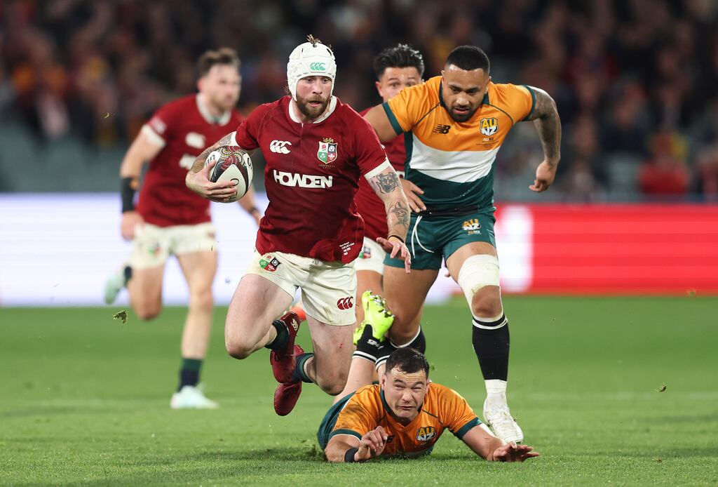 Mack Hansen makes a break during the Lions' victory over an AU/NZ XI at the Adelaide Oval. Photograph: Matt King/Getty Images