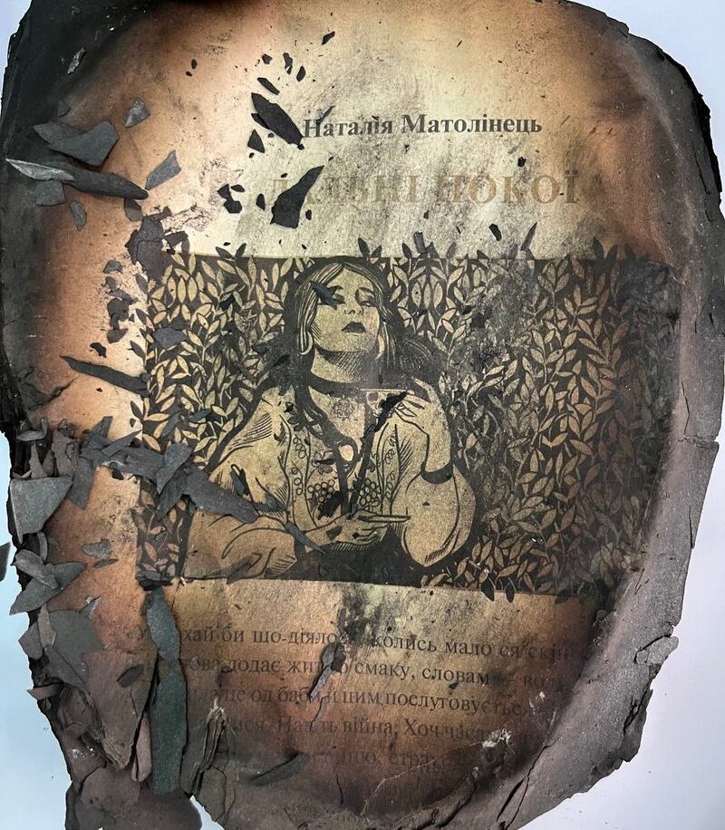 The remains of a book burned in a Russian missile strike on Kharkiv in May. Photograph courtesy of Vivat publishing house