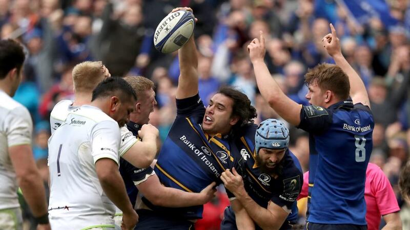 Leinster’s James Lowe celebrates his try. Photograph: Tommy Dickson/Inpho