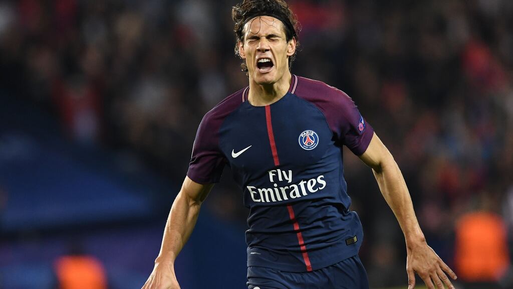Paris Saint-Germain forward Edinson Cavani reacts after scoring in the Champions League match against Bayern Munich at the Parc des Princes. Photograph: Franck Fife/AFP/Getty Images
