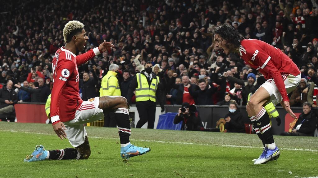Marcus Rashford celebrates his late winner against West Ham. Photograph: Peter Powell/EPA