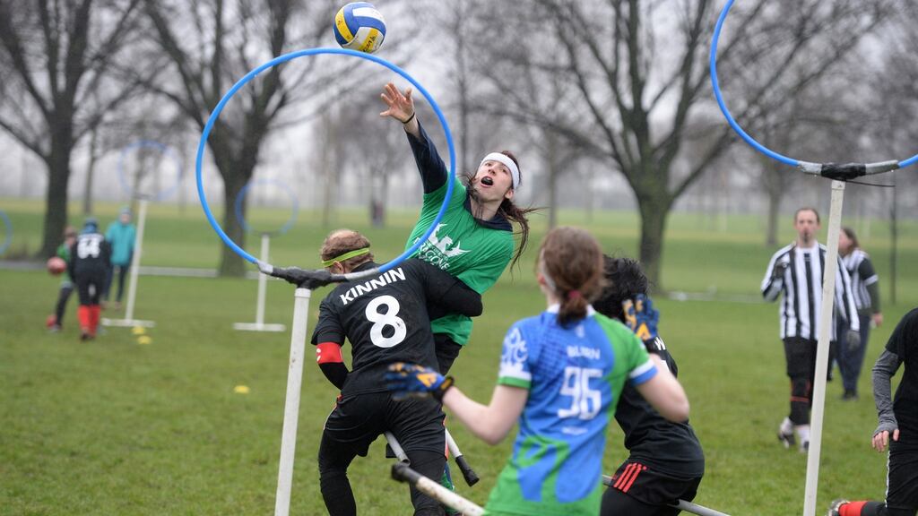 Philip Moore, Dublin Draíochta Dragons, gets in a shot past the challenge of Allen Kinnin, Northern Wyverns from Belfast, during the Irish Quidditch Cup at Fairview Park, Dublin. Photograph: Dara Mac Dónaill