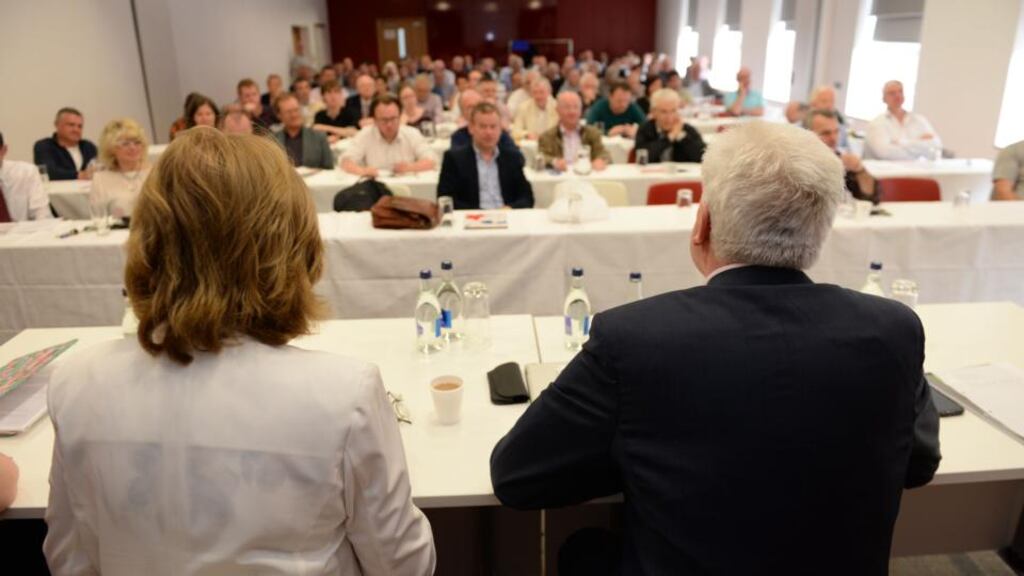 Joan Burton and Alex White attending a Labour trade unionists hustings of candidates for the leadership and deputy leadership of the Labour Party at the CWU offices on the North Circular Road, Dublin. Photograph: Dara Mac Dónaill / The Irish Times