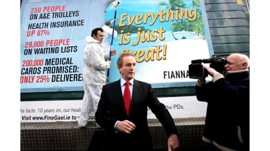 Fine Gael leader Enda Kenny at the launch of a campaign highlighting perceived key failures in the Fianna Fail/Progressive Democrats Government, at Merrion Square, Dublin, yesterday.