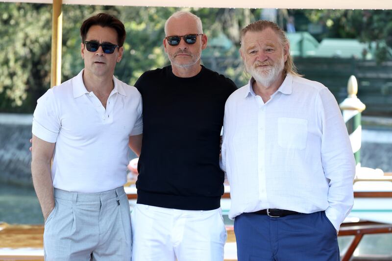Three is the magic number: Colin Farrell, Martin McDonagh and Brendan Gleeson at the Venice International Film Festival last month