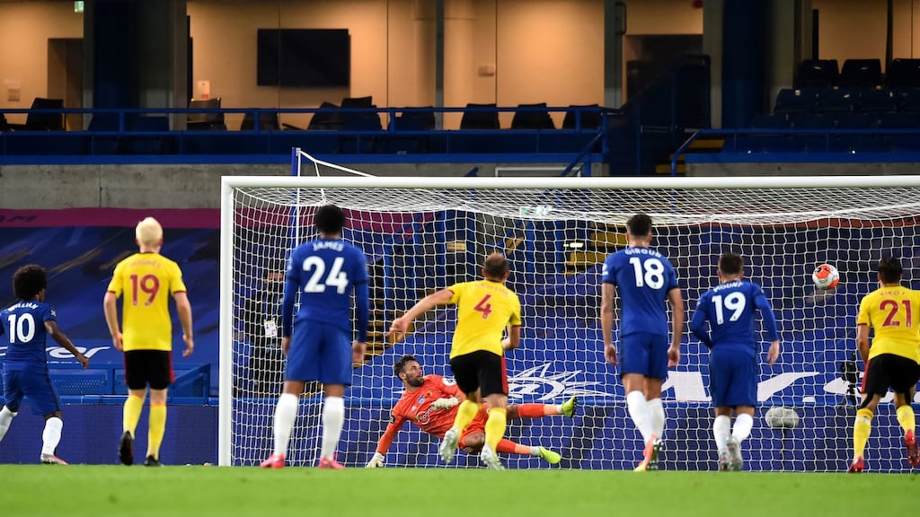 Willian scores Chelsea’s second against Watford. Photograph: Glyn Kirk/PA