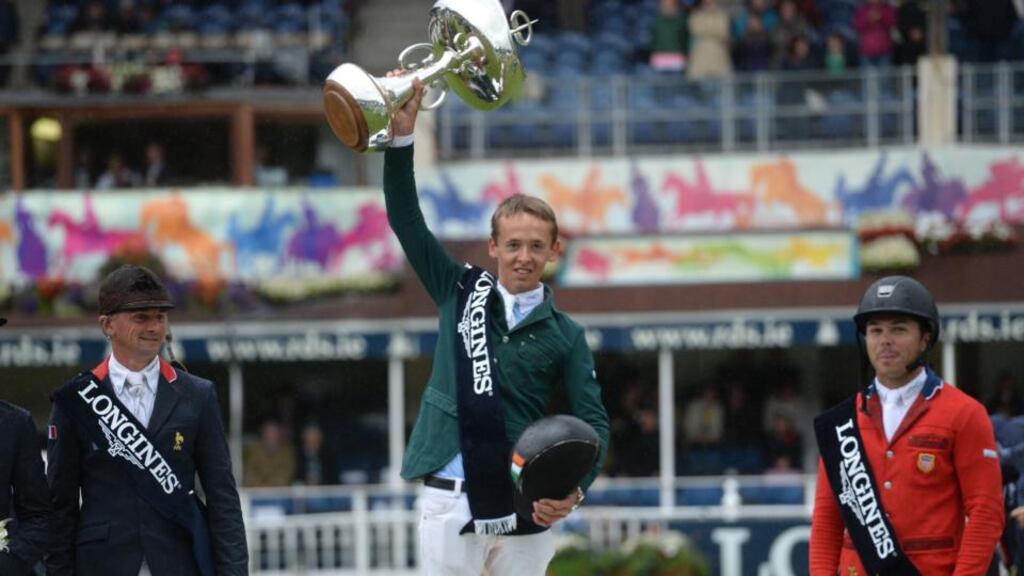 Bertram Allen, on Molly Malone, Ireland’s winner of the Longines International Grand Prix on the final day of the Discover Ireland Dublin Horse Show at the RDS today. Photograph: Dara Mac Donaill