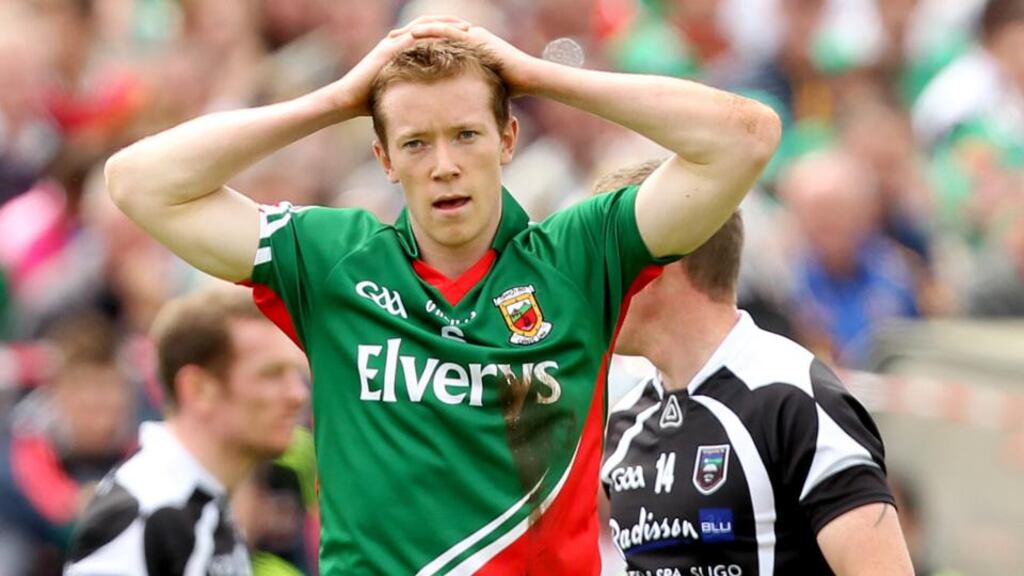 Mayo’s Donal Vaughan struggling with hamstring injury. Photograph: James Crombie/Inpho