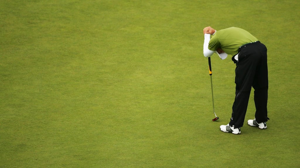 Sergio Garcia reacts after missing his par putt to win the 2007 British Open at Carnoustie. Garcia would be beaten on a four-hole playoff by Padraig Harrington. Photo: Warren Little/Getty Images