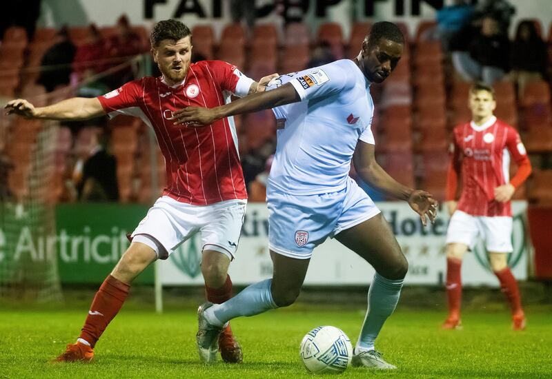 Sligo Rovers' Adam McDonnell and Derry City's Sadou Diallo. The Derry player will miss out on the cup final due to suspension for a red card picked up against Dundalk. Photograph: Evan Logan/Inpho