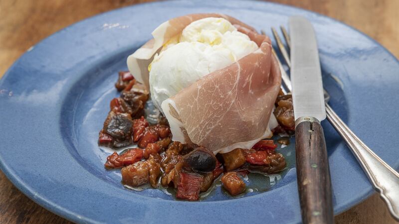 Mozzarella, parma ham, sticky aubergine. Photograph: Harry Weir.