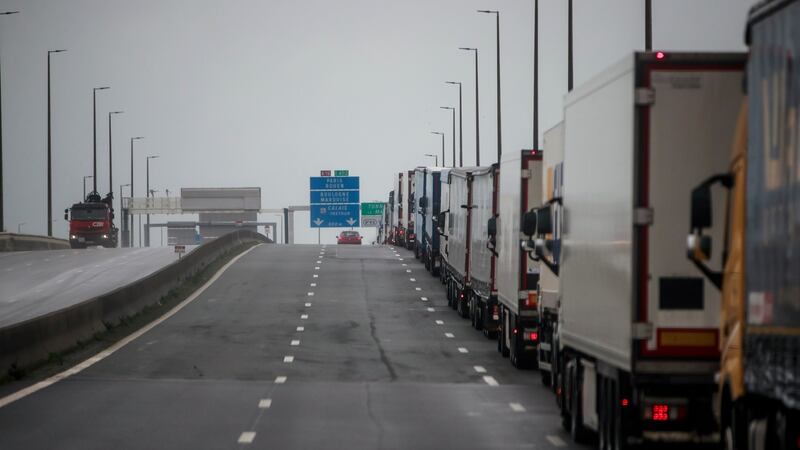 Trucks line up along the motorway near the port area of Calais, France on December 3rd. Photograph: Christophe Petit Tesson/EPA
