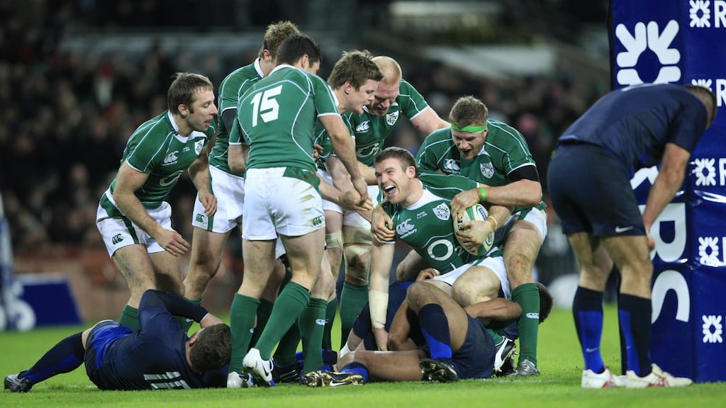 Celebrating with my team-mates after scoring against France in 2009. There is a story behind my big happy head that my kids can tell people about because now it is etched into their childhood. Photograph: AFP/Getty Images