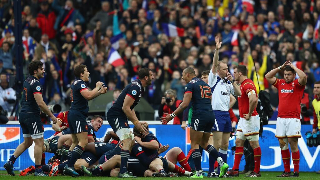 Wayne Barnes awards Damien Chouly’s winning try against Wales. Photograph: MIchael Steele/Getty