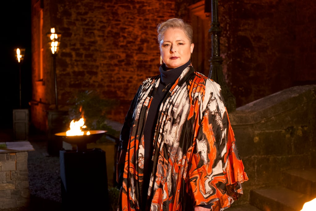 Siobhán McSweeney in accordion-style kimono from her own wardrobe, jumper M&S, and liquid onyx necklace (reacts to light by changing colours) from Delphi Antiques