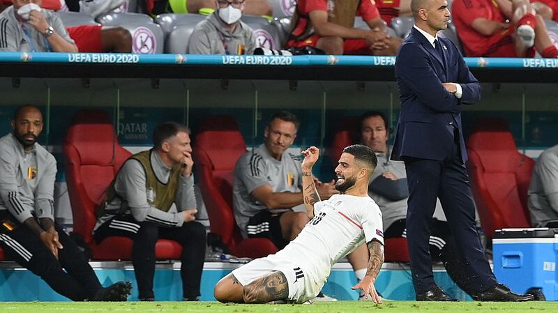 Italy’s Lorenzo Insigne celebrates after scoring his side’s second as they beat Belgium 2-1 in Munich. Photograph: Matthias Hangst/Getty/AFP