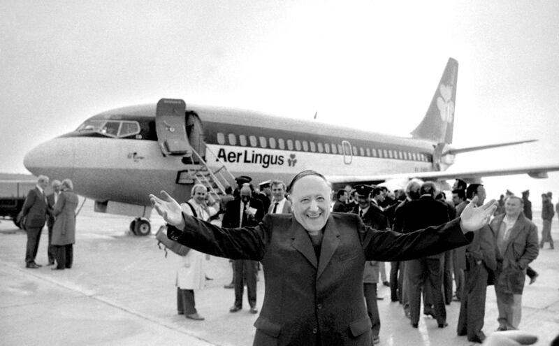 'The fulfilment of a dream… Monsignor James Horan shows his delight at the inaugural flight from Knock Airport on Friday, October 25, 1985. This is one of my favourite photographs because I was smiling on the other side of the camera as much as the Monsignor, having witnessed at first hand the long and difficult battle he had to endure for five years to get to this historic moment. This was the front-page image on the Western the following week with the prophetic headline: Things Will Never Be The Same Again.' Photograph: Henry Wills