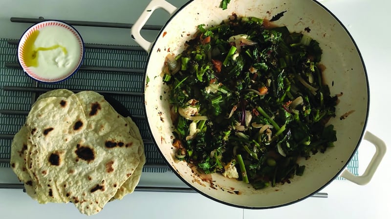 Homemade paneer and chard with easy flatbreads and yoghurt